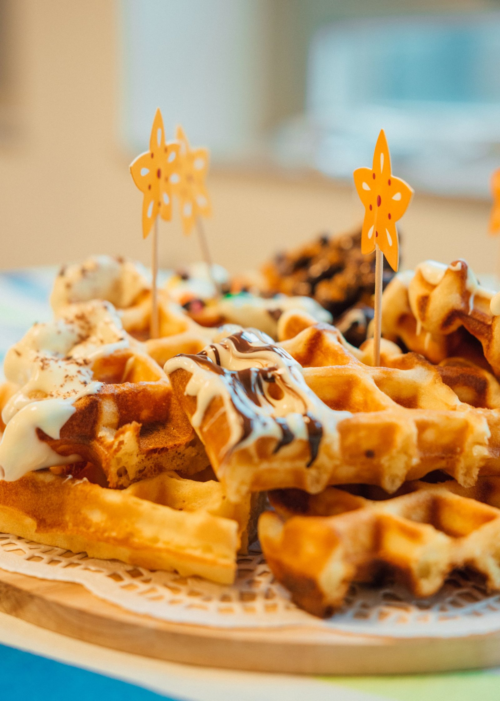Waffle drizzled with chocolate